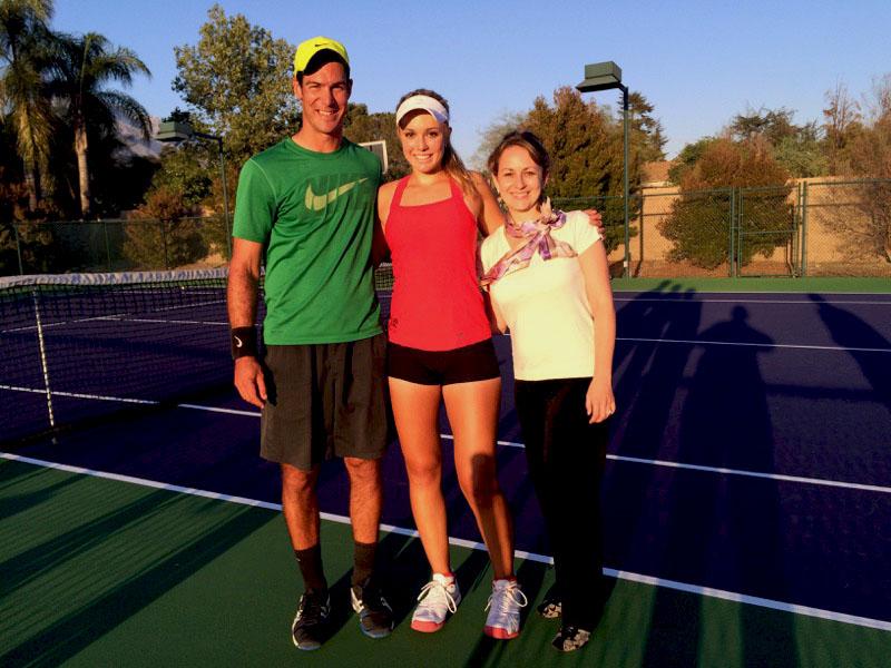 Pedraza poses with her coach Konstantin Lazarov (left) and her fitness coach Andrea Cordova-Caddes (right).