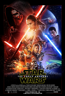 This undated photo provided by Disney shows the poster for the new film, Star Wars: The Force Awakens. Star Wars fans eagerly await the latest trailer for The Force Awakens, airing during halftime of Monday Night Football, on Oct. 19, 2015. The game starts at 5:15 p.m. PDT/8:15 p.m. EDT. (Disney via AP)